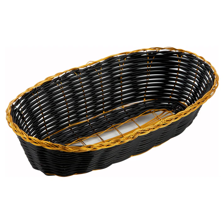 Black and Gold Poly Woven Basket  / Long Oval