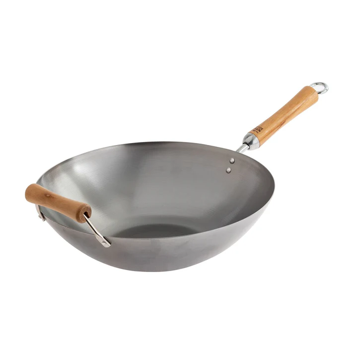 Joyce Chen Uncoated Carbon Steel Flat Bottom Wok with Birch Handles, 14"