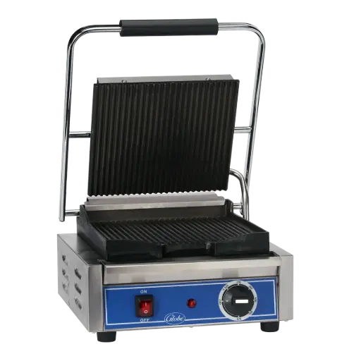 [GPG10] Globe  Single Commercial Panini Press w/ Cast Iron Grooved Plates, 120v